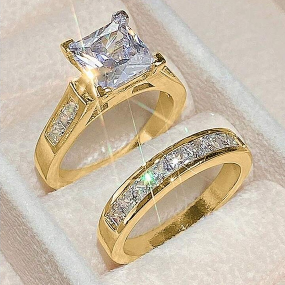 Princess Cut Moissanite Engagement and band set, 14K Yellow Gold Plated Set - Picture 3 of 11